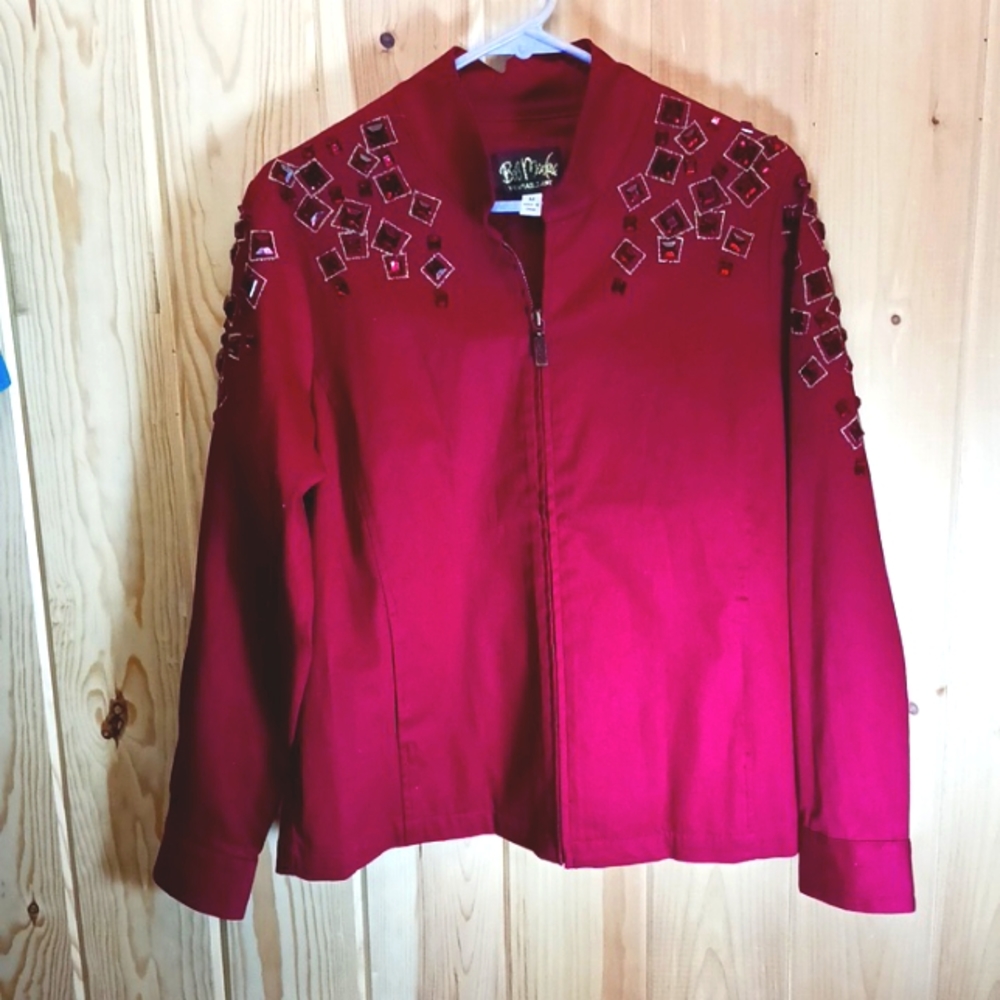 Bob Mackie Wearable Art Bejeweled Zip-up Jacket NWOT Dark Red